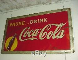 100% ORIGINAL 1938 Vintage PAUSE. DRINK COCA COLA Old Graphic 59x35 inch Tin Sign