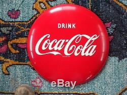 16 Drink Coca-cola Button Sign 1950's Shiny Enamel Soda Pop Sign