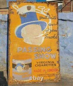 1900's Old Vintage Very Rare Passing Show Cigarette Porcelain Enamel Sign Board