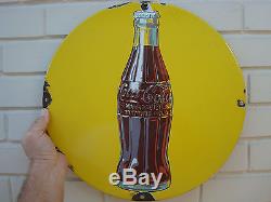 1930'S COCA-COLA Yellow Coke Bottle Button Enamel Porcelain Sign RARE Vintage 16