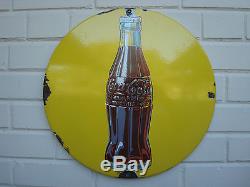 1930'S COCA-COLA Yellow Coke Bottle Button Enamel Porcelain Sign RARE Vintage 16