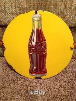 1930'S Coca Cola Yellow Bottle Button Gas Station Porcelain Sign RARE