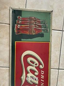 1930 Vintage Original Tin Drink Coca Cola Sign 3 Bottles Sign 54 X 19