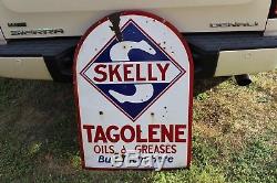 1930's SKELLY TOMBSTONE 2-SIDED PORCELAIN METAL SIGN GAS OIL COKE TEXAS FORD
