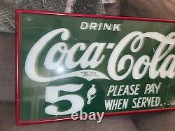1930s Glass Coca-Cola sign, Drink Coca-Cola 5 Cents Please Pay