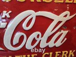 1933 Coca-Cola Embossed Tin Sign Serve Yourself Please Pay the Clerk 31x12