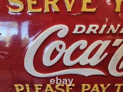 1933 Coca-Cola Embossed Tin Sign Serve Yourself Please Pay the Clerk 31x12
