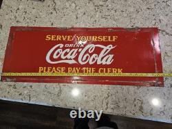 1933 Coca-Cola Embossed Tin Sign Serve Yourself Please Pay the Clerk 31x12