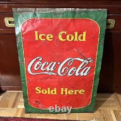 1933 Ice Cold Coca Cola Sold Here Sign Metal Tin Embossed 19.5 x 27.5