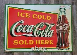 1933 Original Coca Cola Sign Embossed Ice Cold Sold Here Metal Sign Vintage