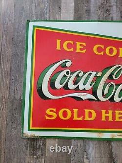 1933 Original Coca Cola Sign Embossed Ice Cold Sold Here Metal Sign Vintage