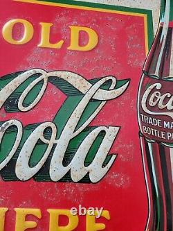 1933 Original Coca Cola Sign Embossed Ice Cold Sold Here Metal Sign Vintage