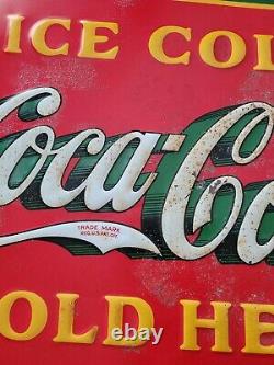 1933 Original Coca Cola Sign Embossed Ice Cold Sold Here Metal Sign Vintage