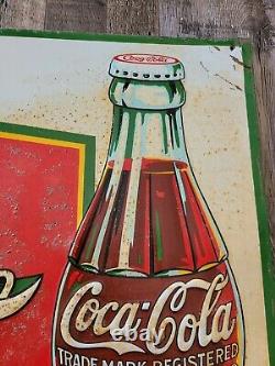 1933 Original Coca Cola Sign Embossed Ice Cold Sold Here Metal Sign Vintage