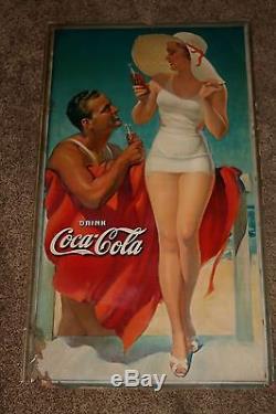 1934 COCA COLA Cardboard Sign Vintage Advertising Sign BATHING SUIT RARE