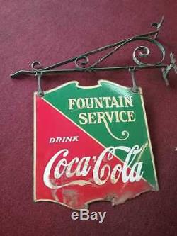 1934 Porcelain Drink Coca Cola Fountain Service Double Sided Sign with Bracket