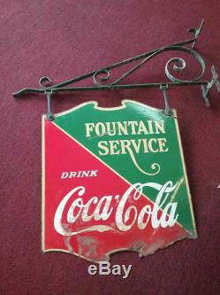 1934 Porcelain Drink Coca Cola Fountain Service Double Sided Sign with Bracket