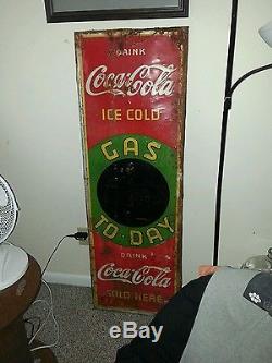 1936 Coca Cola Gas To day Sign Tin Embossed Blackboard In Center 18x54 Rare