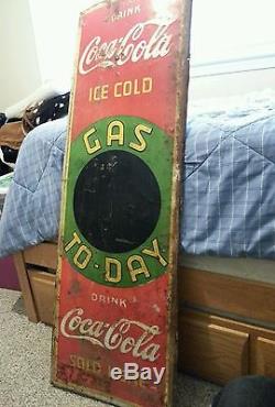 1936 Coca Cola Gas To day Sign Tin Embossed Blackboard In Center 18x54 Rare