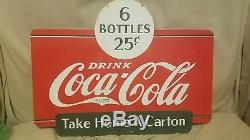 1937 Double Sided Coca-Cola Metal Sign Take Home A Carton Rack Sign Six pack