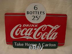 1938 Coca-Cola 6 Bottles 25 Cents Take Home A Carton Coke Rack 2-Sided Sign