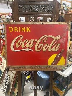 1938 Coca-Cola COKE Yellow Dot Metal Sign 27 x 19 Embossed Lettering SODA GAS