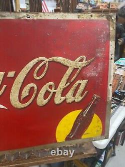 1938 Coca-Cola COKE Yellow Dot Metal Sign 27 x 19 Embossed Lettering SODA GAS