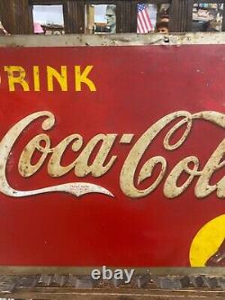 1938 Coca-Cola COKE Yellow Dot Metal Sign 27 x 19 Embossed Lettering SODA GAS