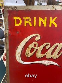 1938 Coca-Cola COKE Yellow Dot Metal Sign 27 x 19 Embossed Lettering SODA GAS