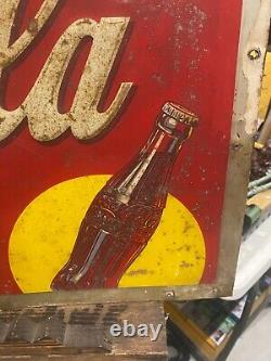 1938 Coca-Cola COKE Yellow Dot Metal Sign 27 x 19 Embossed Lettering SODA GAS