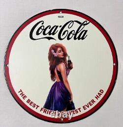 1938 Coca-cola Service Gas Pinup Girl Porcelain Enamel Sign