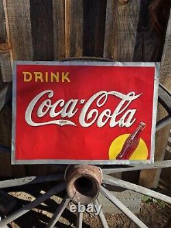 1940 Coca Cola Old Metal Tin Sign Yellow Dot Vintage Coke Fountain Soda Embossed