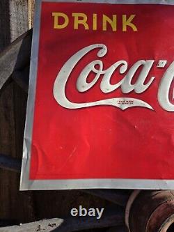 1940 Coca Cola Old Metal Tin Sign Yellow Dot Vintage Coke Fountain Soda Embossed