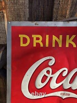 1940 Coca Cola Old Metal Tin Sign Yellow Dot Vintage Coke Fountain Soda Embossed