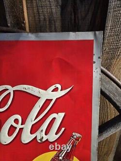 1940 Coca Cola Old Metal Tin Sign Yellow Dot Vintage Coke Fountain Soda Embossed