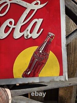 1940 Coca Cola Old Metal Tin Sign Yellow Dot Vintage Coke Fountain Soda Embossed