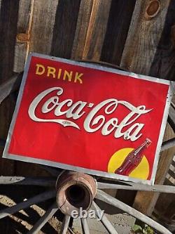 1940 Coca Cola Old Metal Tin Sign Yellow Dot Vintage Coke Fountain Soda Embossed
