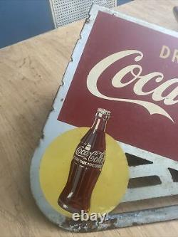 1940'sCoca ColaCoke YELLOW DOTFlange 2-Sided! Metal Sign FREE SHIPPING