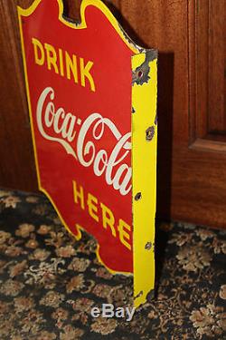 1940s Coca Cola Coke Double sided Porcelain Flange Sign drink here