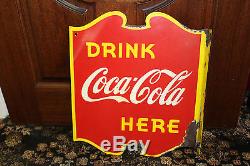 1940s Coca Cola Coke Double sided Porcelain Flange Sign drink here