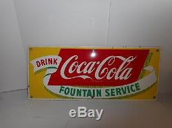 1940s Porcelain Coca-Cola Fountain Service Sign 28 x 12 (Excellent Condition)
