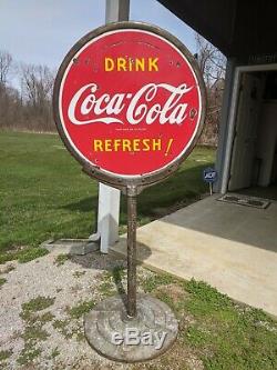 1941 Drink Coca Cola Refresh 30 2 Sided Porcelain Lollipop Sign withoriginal base