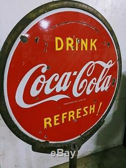 1941 Drink Coca Cola Refresh 30 2 Sided Porcelain Lollipop Sign withoriginal base