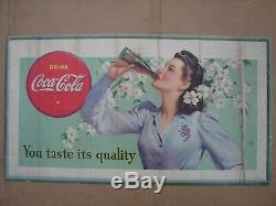 1942 Coca Cola Lithograph Billboard Soda Sign You Taste Its Quality Coke Button