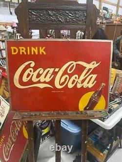 1948 Self Framed Coca-Cola COKE Yellow Dot Metal Sign 27 x 19 SODA GAS OIL COL