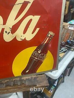 1948 Self Framed Coca-Cola COKE Yellow Dot Metal Sign 27 x 19 SODA GAS OIL COL