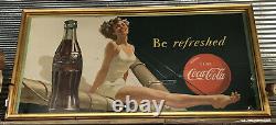 1949 Coca Cola Be Refreshed Pinup Girl Litho Cardboard Sign Wood Framed 60x30