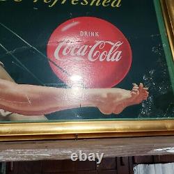 1949 Coca Cola Be Refreshed Pinup Girl Litho Cardboard Sign Wood Framed 60x30