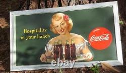 1949 VINTAGE GREEN COCA COLA HOSPITALITY IN YOUR HANDS FRAMED SIGN 3' x 1' 8