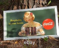 1949 VINTAGE GREEN COCA COLA HOSPITALITY IN YOUR HANDS FRAMED SIGN 3' x 1' 8